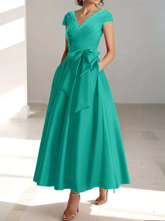 V-Neck A-Line Princess Ankle-Length Mother of the Bride Dress With Short Sleeves Pockets & Ruffles-BMbridal