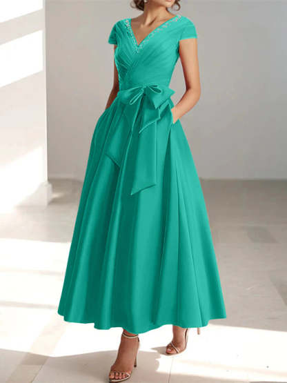 V-Neck A-Line Princess Ankle-Length Mother of the Bride Dress With Short Sleeves Pockets & Ruffles-BMbridal