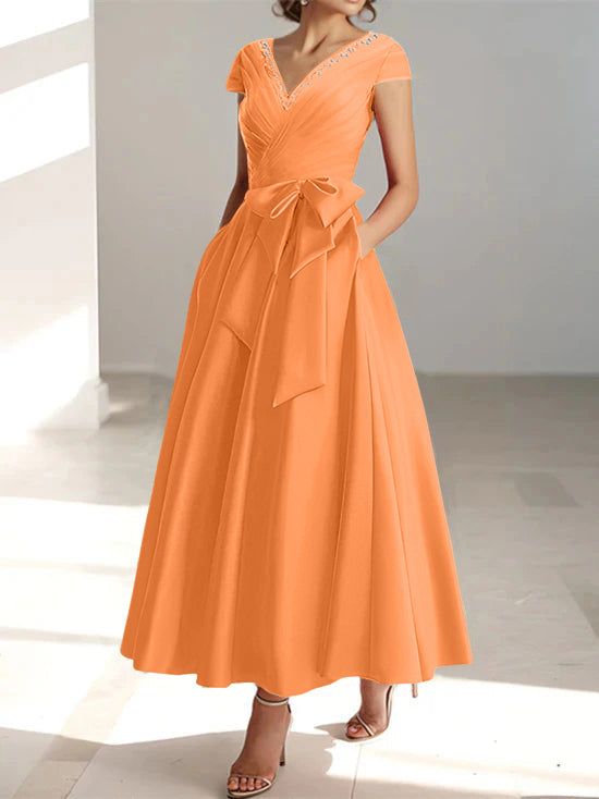 V-Neck A-Line Princess Ankle-Length Mother of the Bride Dress With Short Sleeves Pockets & Ruffles-BMbridal