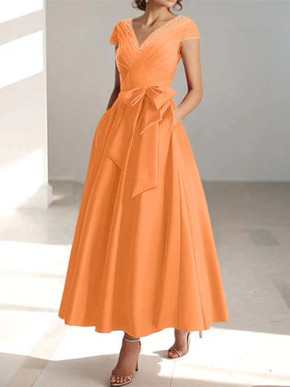 V-Neck A-Line Princess Ankle-Length Mother of the Bride Dress With Short Sleeves Pockets & Ruffles-BMbridal