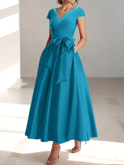 V-Neck A-Line Princess Ankle-Length Mother of the Bride Dress With Short Sleeves Pockets & Ruffles-BMbridal