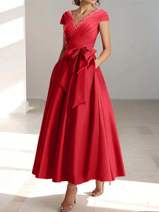 V-Neck A-Line Princess Ankle-Length Mother of the Bride Dress With Short Sleeves Pockets & Ruffles-BMbridal