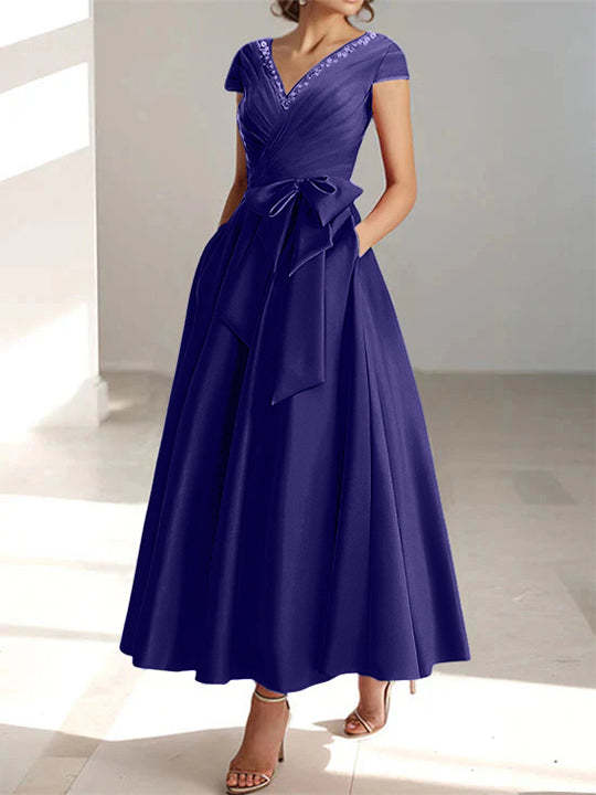 V-Neck A-Line Princess Ankle-Length Mother of the Bride Dress With Short Sleeves Pockets & Ruffles-BMbridal