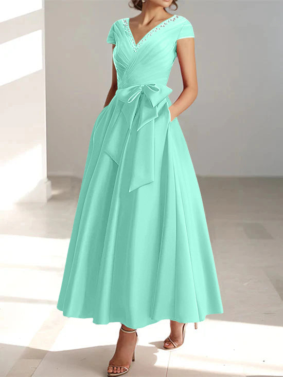 V-Neck A-Line Princess Ankle-Length Mother of the Bride Dress With Short Sleeves Pockets & Ruffles-BMbridal
