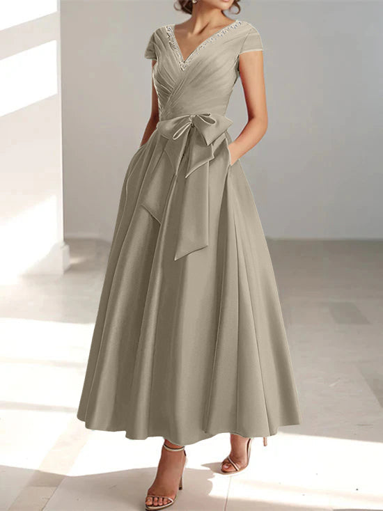 V-Neck A-Line Princess Ankle-Length Mother of the Bride Dress With Short Sleeves Pockets & Ruffles-BMbridal