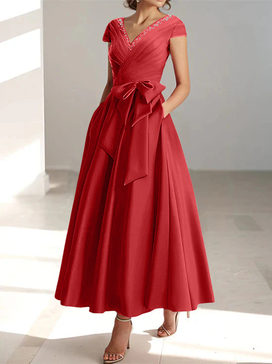 V-Neck A-Line Princess Ankle-Length Mother of the Bride Dress With Short Sleeves Pockets & Ruffles-BMbridal