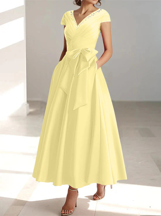 V-Neck A-Line Princess Ankle-Length Mother of the Bride Dress With Short Sleeves Pockets & Ruffles-BMbridal