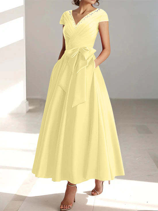 V-Neck A-Line Princess Ankle-Length Mother of the Bride Dress With Short Sleeves Pockets & Ruffles-BMbridal