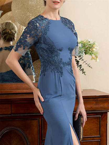 Short Sleeve Ankle-Length Trumpet/Mermaid Mother of the Bride Dress with Slit-BMbridal