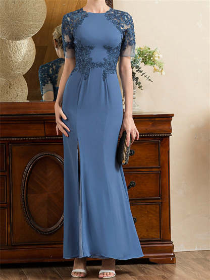 Short Sleeve Ankle-Length Trumpet/Mermaid Mother of the Bride Dress with Slit-BMbridal