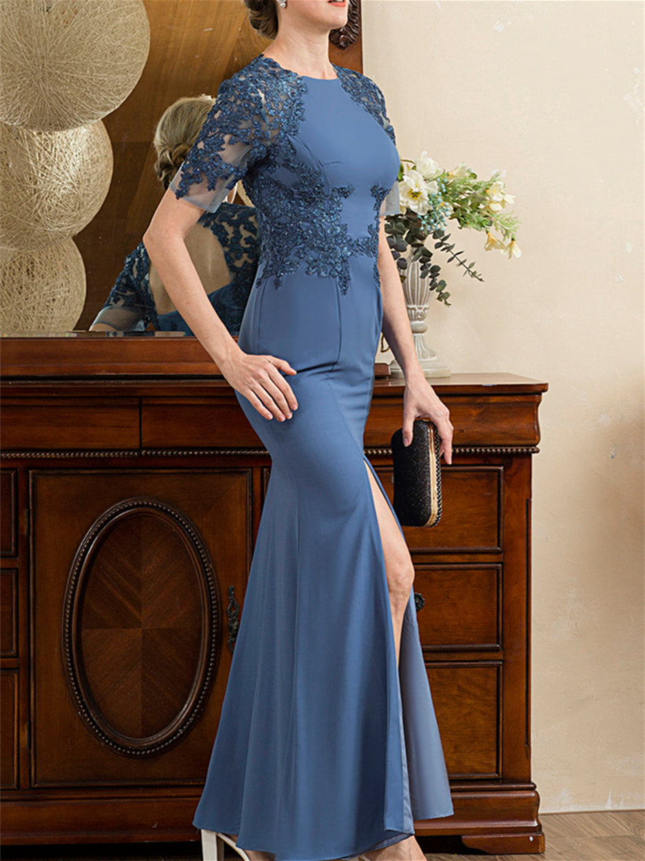 Short Sleeve Ankle-Length Trumpet/Mermaid Mother of the Bride Dress with Slit-BMbridal