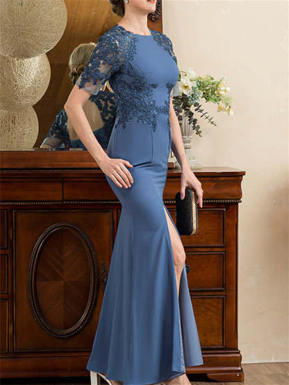Short Sleeve Ankle-Length Trumpet/Mermaid Mother of the Bride Dress with Slit-BMbridal