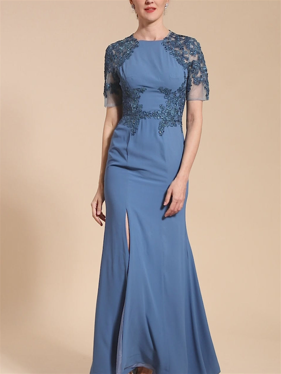 Short Sleeve Ankle-Length Trumpet/Mermaid Mother of the Bride Dress with Slit-BMbridal