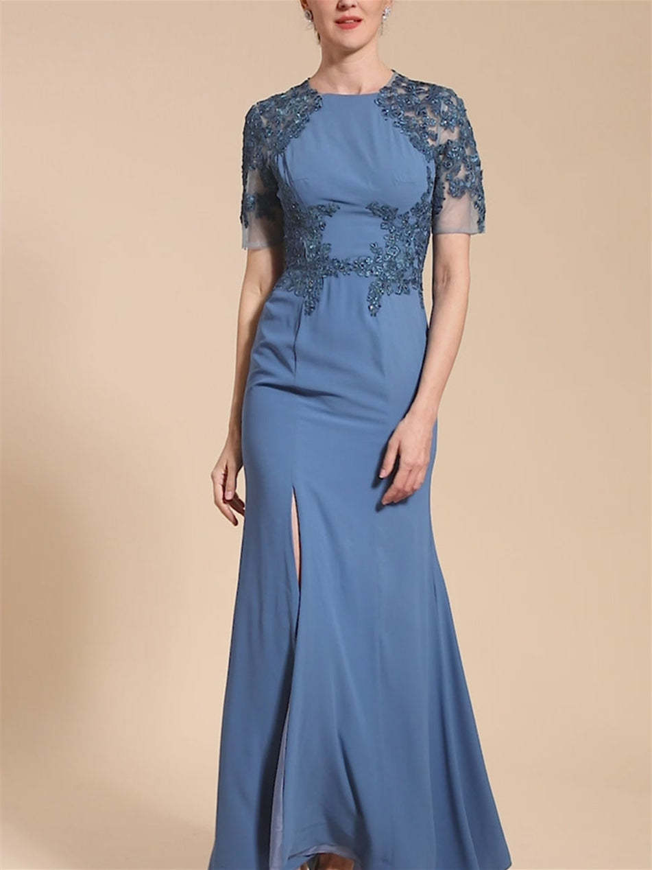 Short Sleeve Ankle-Length Trumpet/Mermaid Mother of the Bride Dress with Slit-BMbridal
