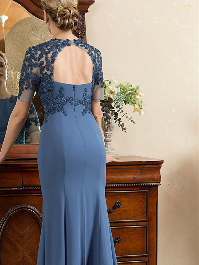 Short Sleeve Ankle-Length Trumpet/Mermaid Mother of the Bride Dress with Slit-BMbridal