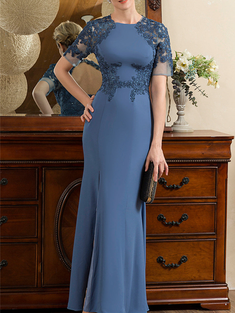 Short Sleeve Ankle-Length Trumpet/Mermaid Mother of the Bride Dress with Slit-BMbridal