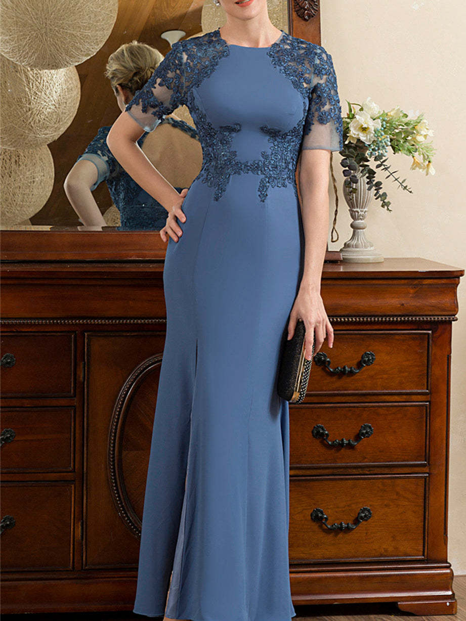 Short Sleeve Ankle-Length Trumpet/Mermaid Mother of the Bride Dress with Slit-BMbridal