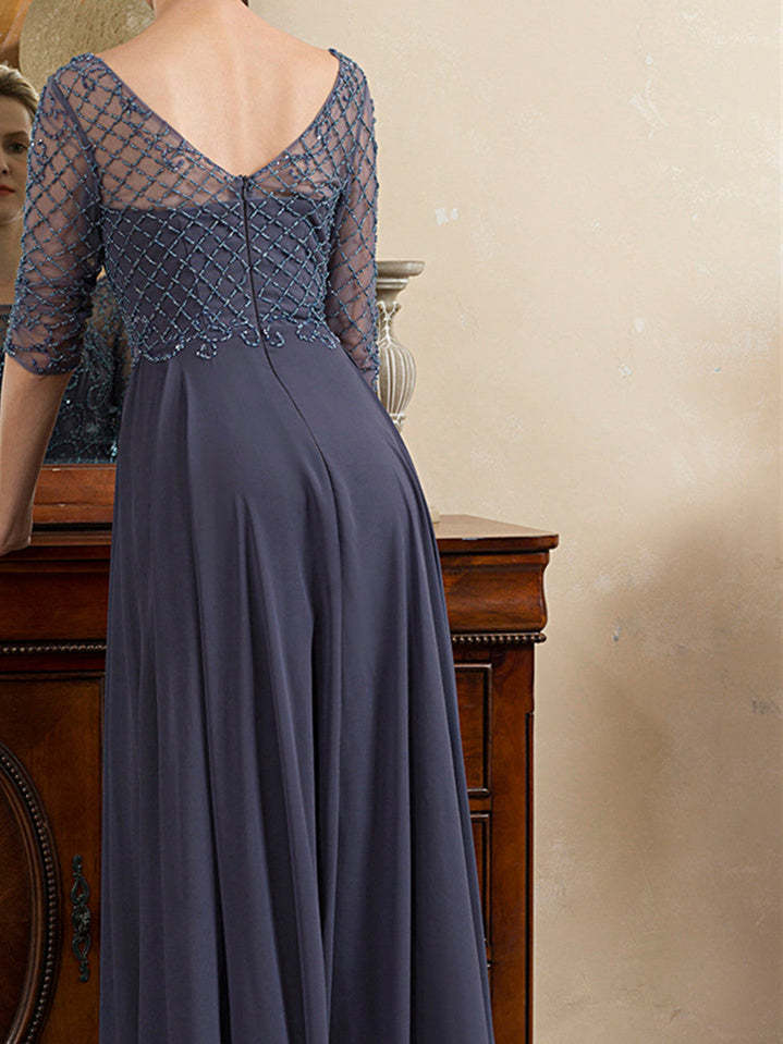 Floor-Length Beaded A-Line Mother of the Bride Dress with Scoop Neck and Short Sleeves