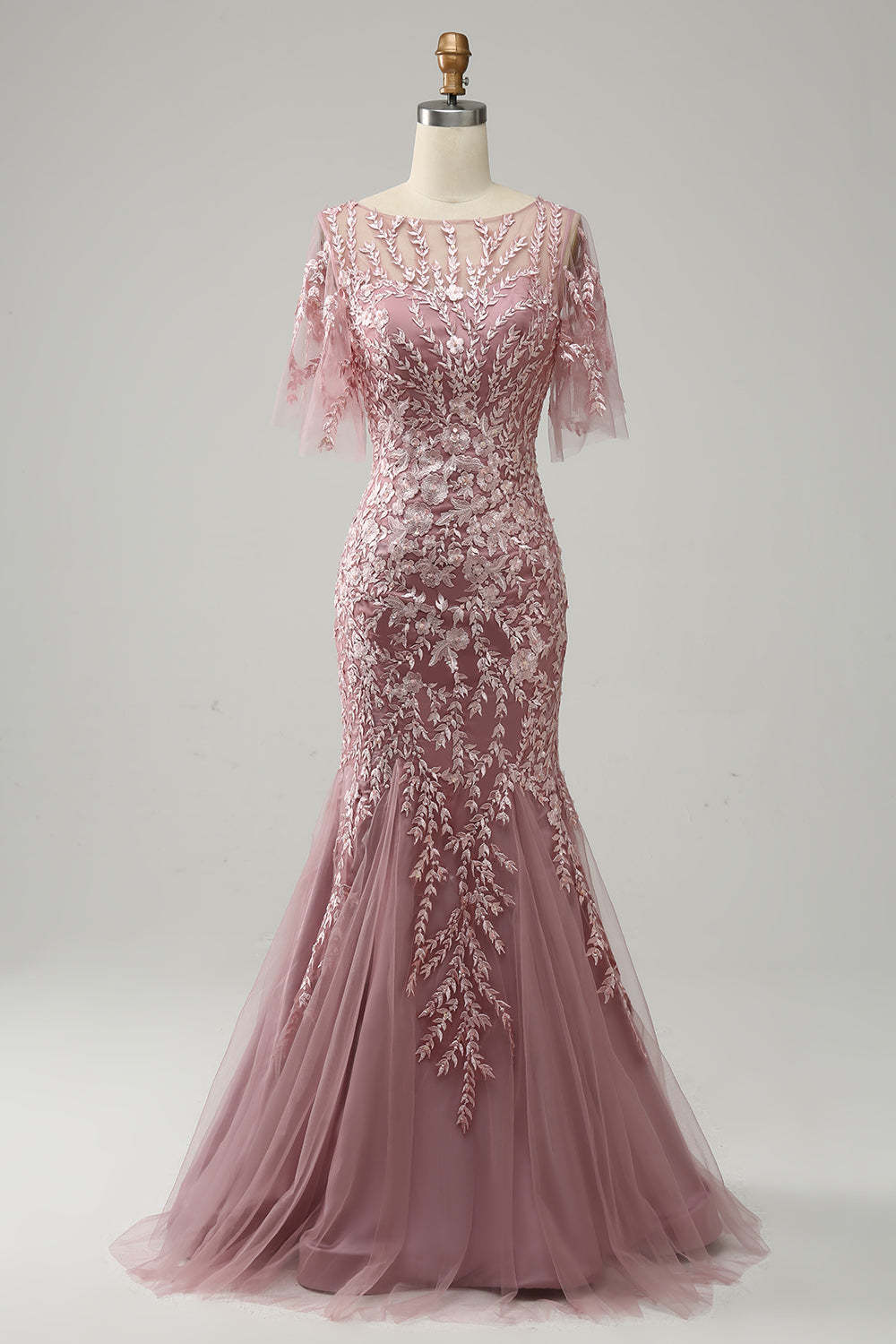 Floor-Length Mother of the Bride Lace Dresses with Trumpet/Mermaid Scoop Half Sleeves-BMbridal
