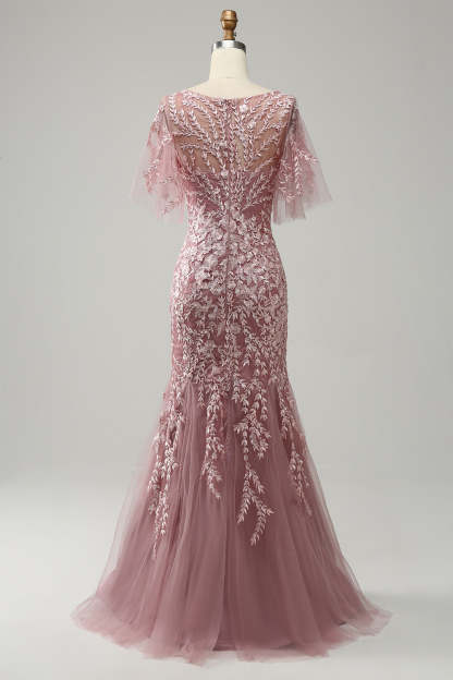 Floor-Length Mother of the Bride Lace Dresses with Trumpet/Mermaid Scoop Half Sleeves-BMbridal
