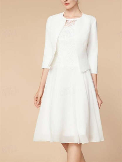 Knee-Length Mother of the Bride A-Line Dress with 3/4 Sleeves and Wraps-BMbridal