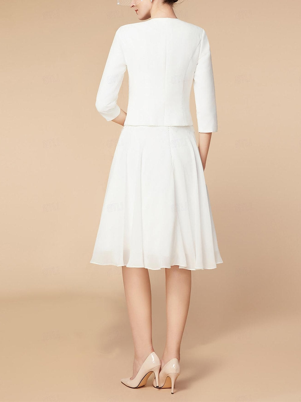 Knee-Length Mother of the Bride A-Line Dress with 3/4 Sleeves and Wraps-BMbridal