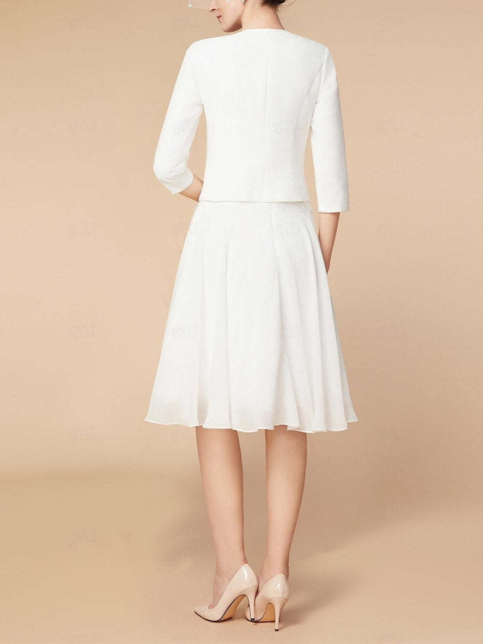 Knee-Length Mother of the Bride A-Line Dress with 3/4 Sleeves and Wraps-BMbridal