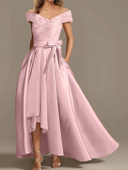 Off-the-Shoulder Asymmetrical A-Line Mother of the Bride Dresses with Ruffles