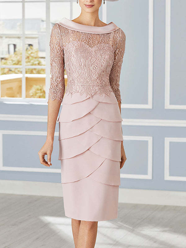 Scoop Neck 3/4 Sleeve Knee-Length Sheath Mother of the Bride Dress with Lace-BMbridal