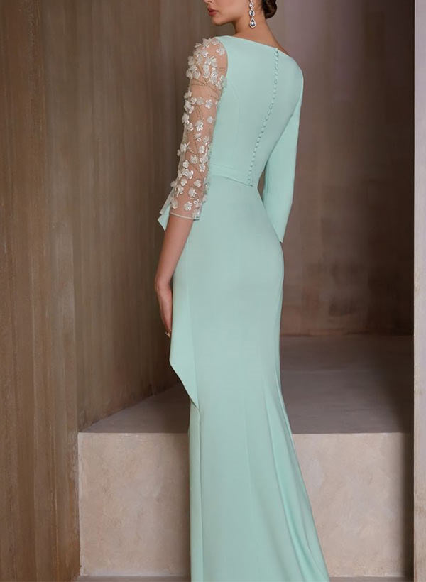 V-Neck 3/4 Sleeve Floor-Length Sheath Mother of the Bride Dress with Appliques-BMbridal