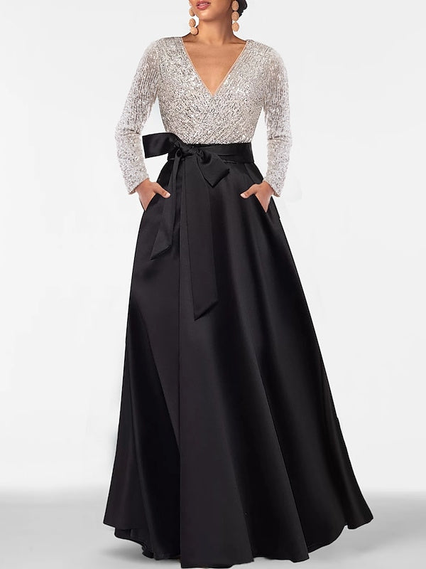 V-Neck A-Line Princess Floor-Length Mother of the Bride Dress with Long Sleeves Pocket and Sequins-BMbridal