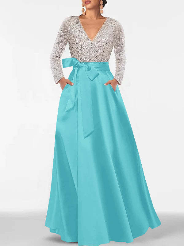 V-Neck A-Line Princess Floor-Length Mother of the Bride Dress with Long Sleeves Pocket and Sequins-BMbridal