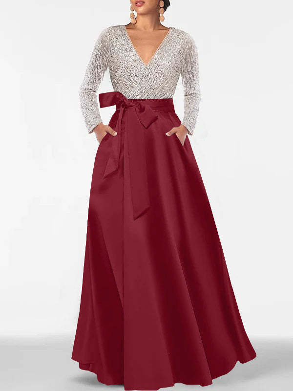 V-Neck A-Line Princess Floor-Length Mother of the Bride Dress with Long Sleeves Pocket and Sequins-BMbridal