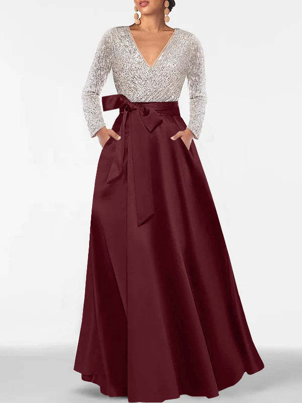 V-Neck A-Line Princess Floor-Length Mother of the Bride Dress with Long Sleeves Pocket and Sequins-BMbridal