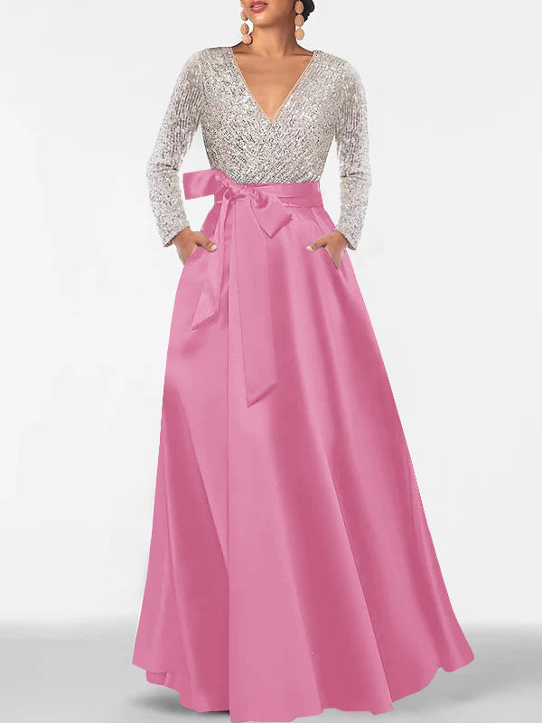 V-Neck A-Line Princess Floor-Length Mother of the Bride Dress with Long Sleeves Pocket and Sequins-BMbridal