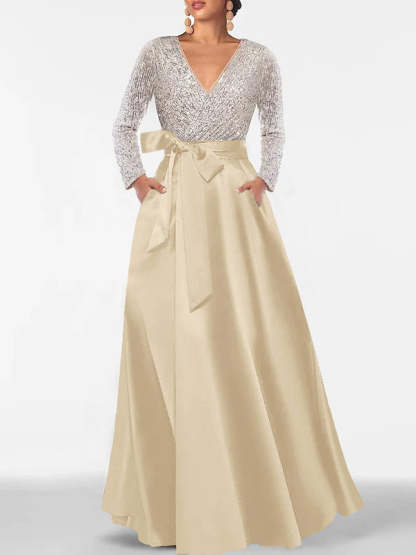 V-Neck A-Line Princess Floor-Length Mother of the Bride Dress with Long Sleeves Pocket and Sequins-BMbridal
