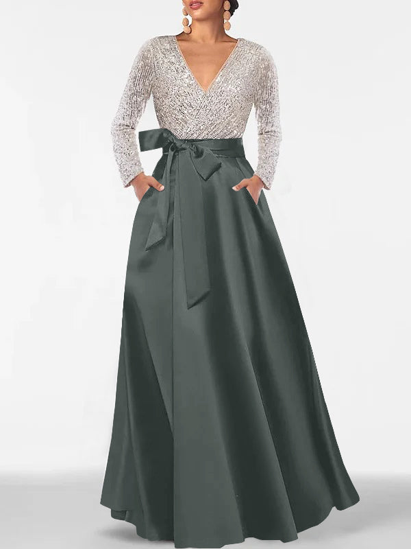 V-Neck A-Line Princess Floor-Length Mother of the Bride Dress with Long Sleeves Pocket and Sequins-BMbridal