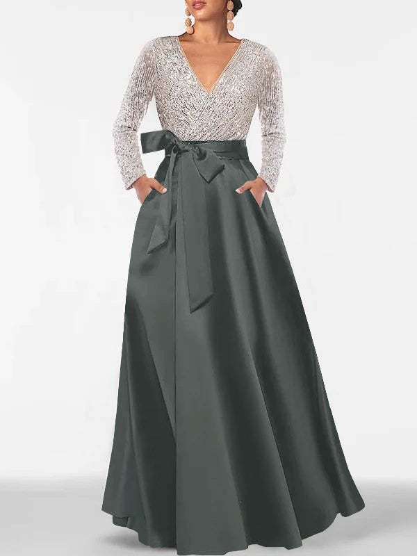 V-Neck A-Line Princess Floor-Length Mother of the Bride Dress with Long Sleeves Pocket and Sequins-BMbridal