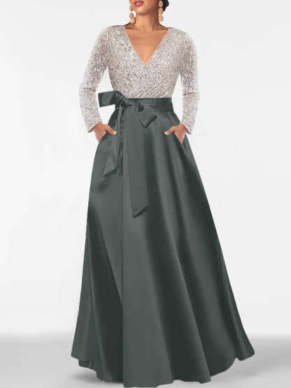 V-Neck A-Line Princess Floor-Length Mother of the Bride Dress with Long Sleeves Pocket and Sequins-BMbridal