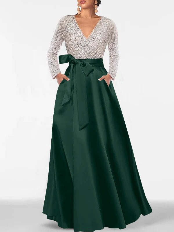 V-Neck A-Line Princess Floor-Length Mother of the Bride Dress with Long Sleeves Pocket and Sequins-BMbridal