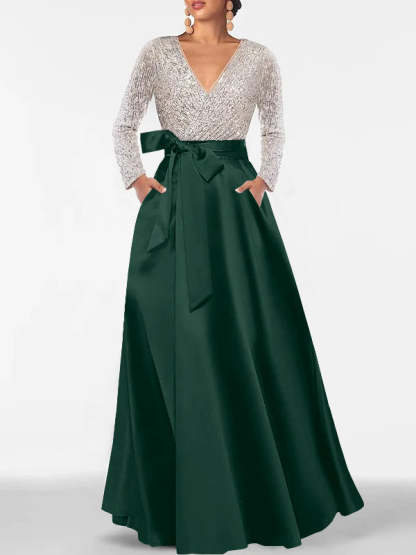 V-Neck A-Line Princess Floor-Length Mother of the Bride Dress with Long Sleeves Pocket and Sequins-BMbridal