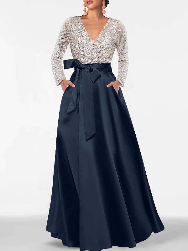 V-Neck A-Line Princess Floor-Length Mother of the Bride Dress with Long Sleeves Pocket and Sequins-BMbridal