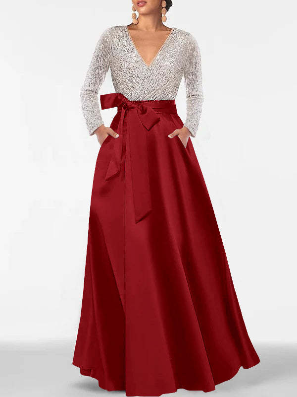 V-Neck A-Line Princess Floor-Length Mother of the Bride Dress with Long Sleeves Pocket and Sequins-BMbridal