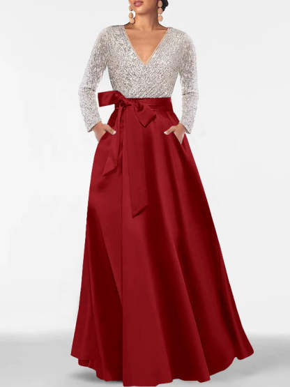 V-Neck A-Line Princess Floor-Length Mother of the Bride Dress with Long Sleeves Pocket and Sequins-BMbridal