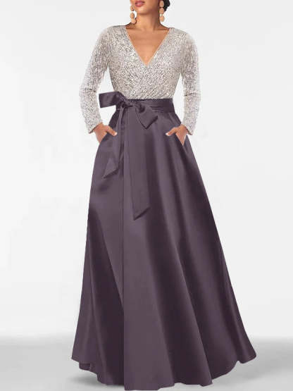 V-Neck A-Line Princess Floor-Length Mother of the Bride Dress with Long Sleeves Pocket and Sequins-BMbridal