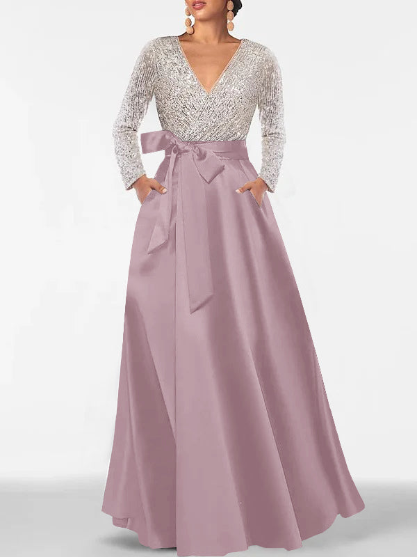V-Neck A-Line Princess Floor-Length Mother of the Bride Dress with Long Sleeves Pocket and Sequins-BMbridal