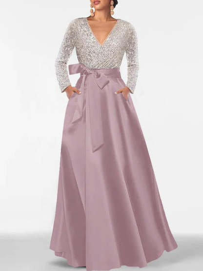 V-Neck A-Line Princess Floor-Length Mother of the Bride Dress with Long Sleeves Pocket and Sequins-BMbridal