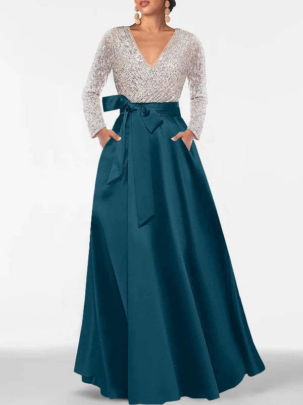 V-Neck A-Line Princess Floor-Length Mother of the Bride Dress with Long Sleeves Pocket and Sequins-BMbridal