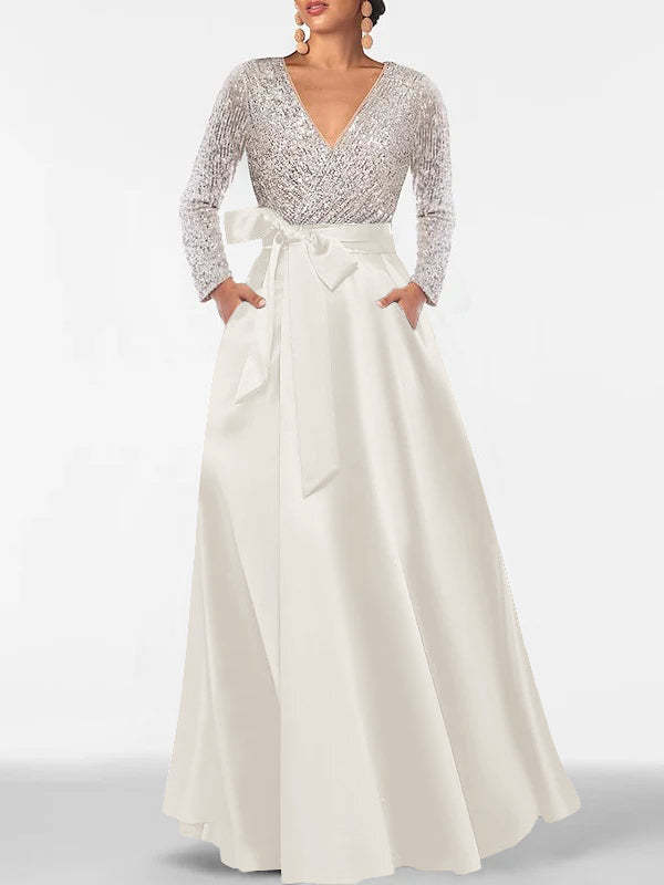 V-Neck A-Line Princess Floor-Length Mother of the Bride Dress with Long Sleeves Pocket and Sequins-BMbridal