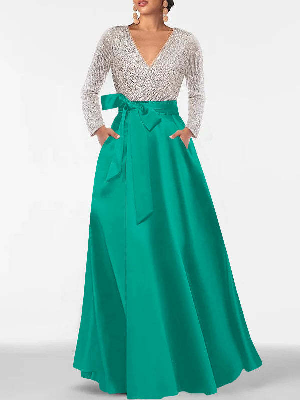 V-Neck A-Line Princess Floor-Length Mother of the Bride Dress with Long Sleeves Pocket and Sequins-BMbridal
